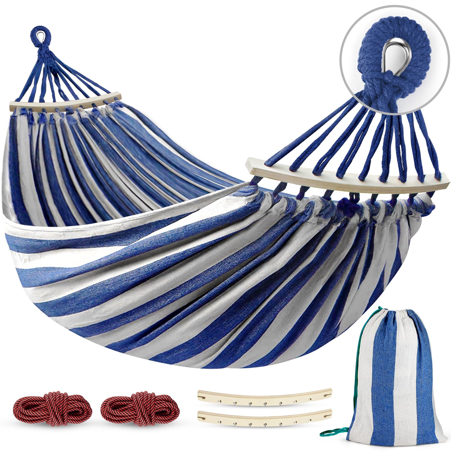 MOSFiATA Portable Camping Hammock blue white stripe front view