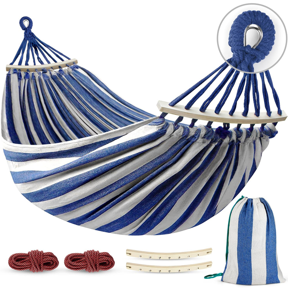 MOSFiATA Portable Camping Hammock blue white stripe front view