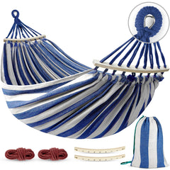 MOSFiATA Portable Camping Hammock blue white stripe front view
