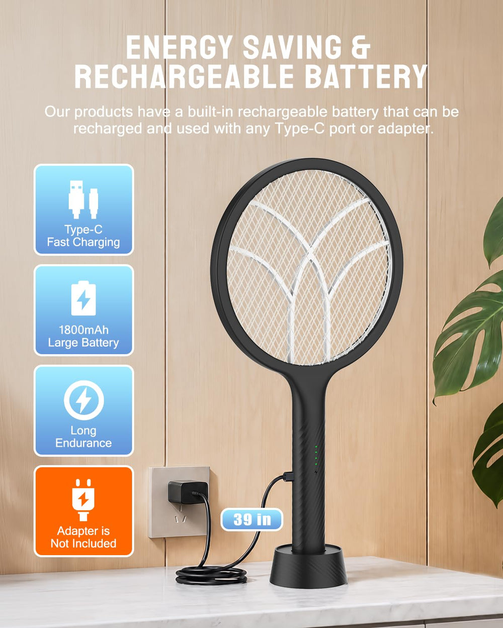 Mosiller Electric Fly Swatter Racket ergonomic handle close-up