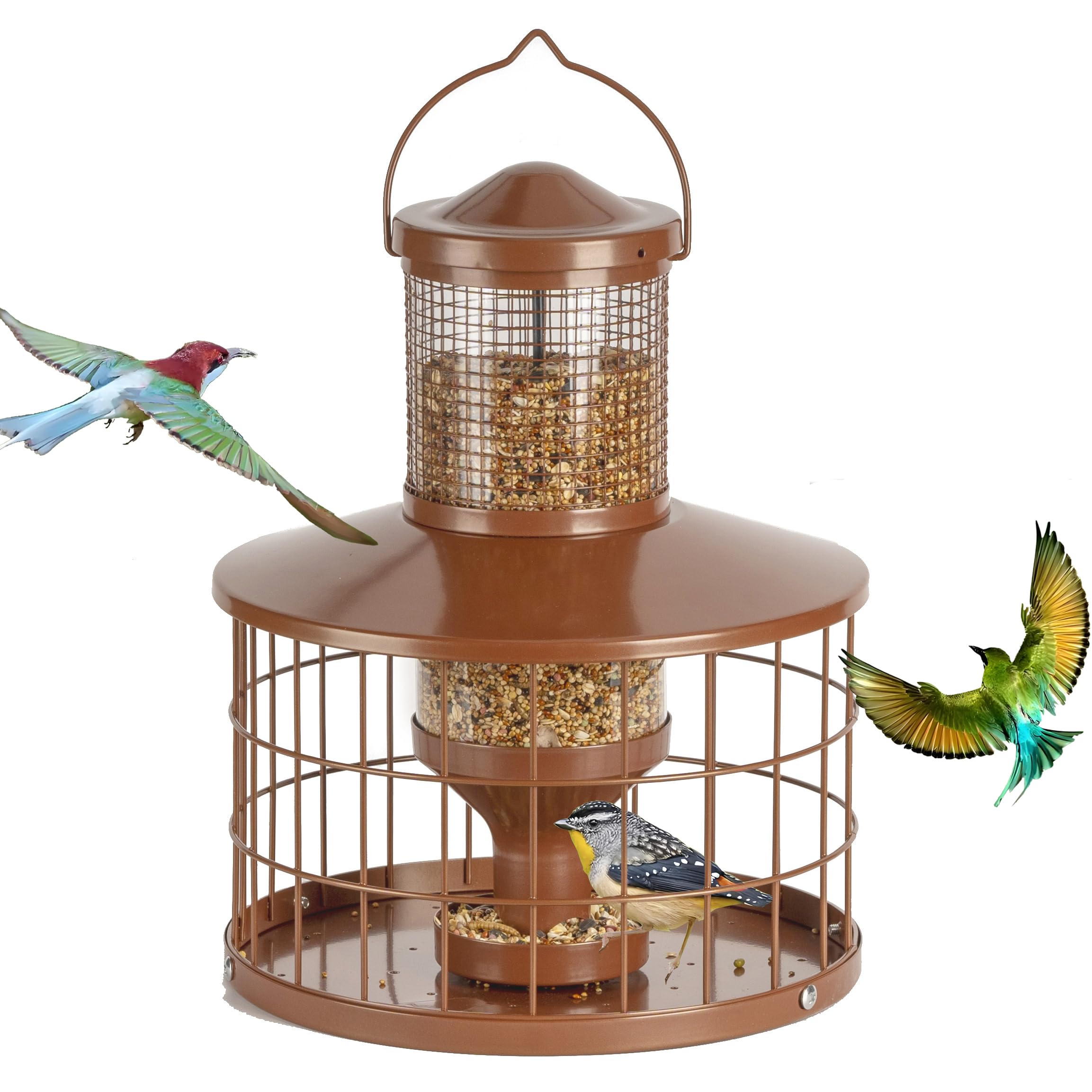 Mosloly Caged Bird Feeder front view with clear tube and brown metal