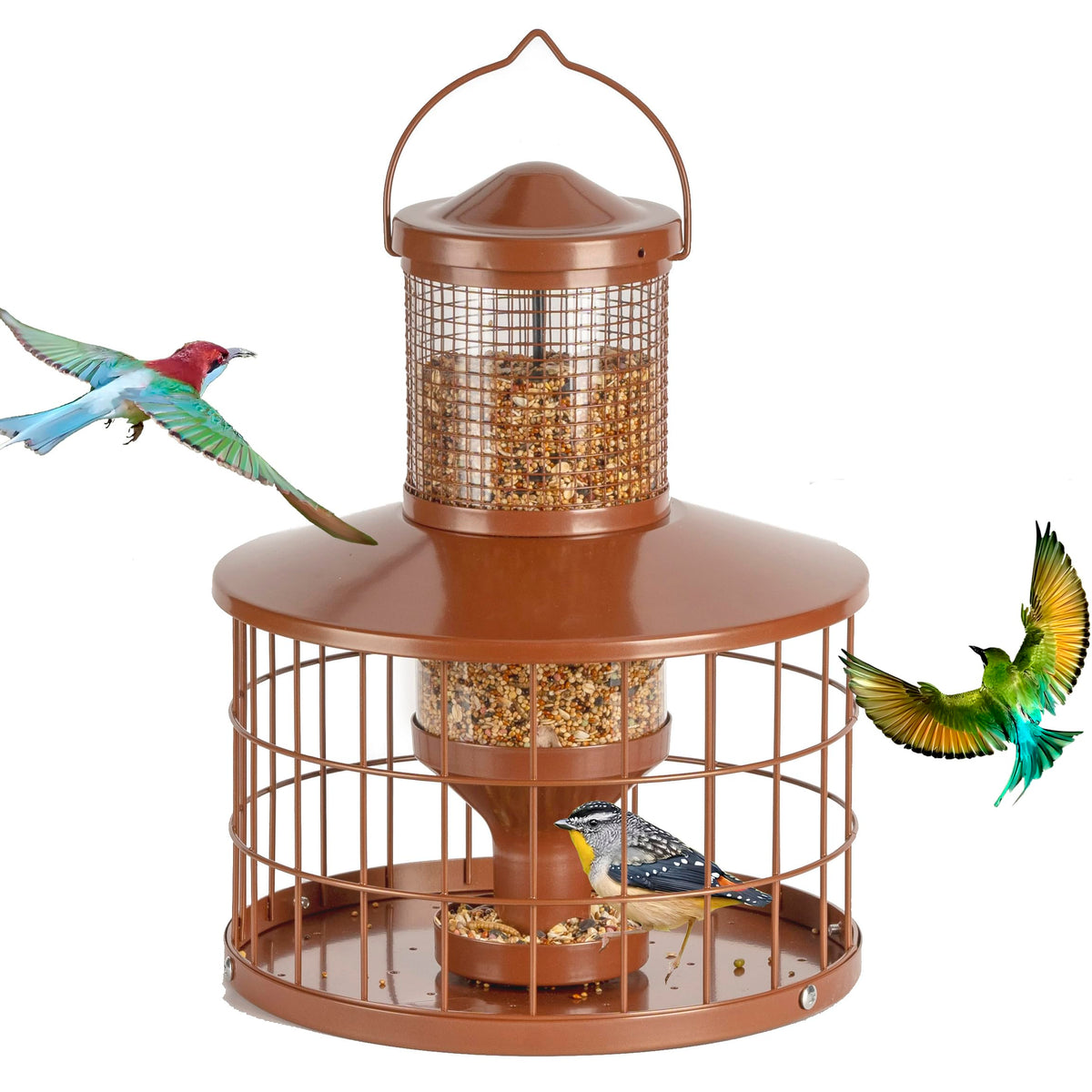 Mosloly Caged Bird Feeder front view with clear tube and brown metal