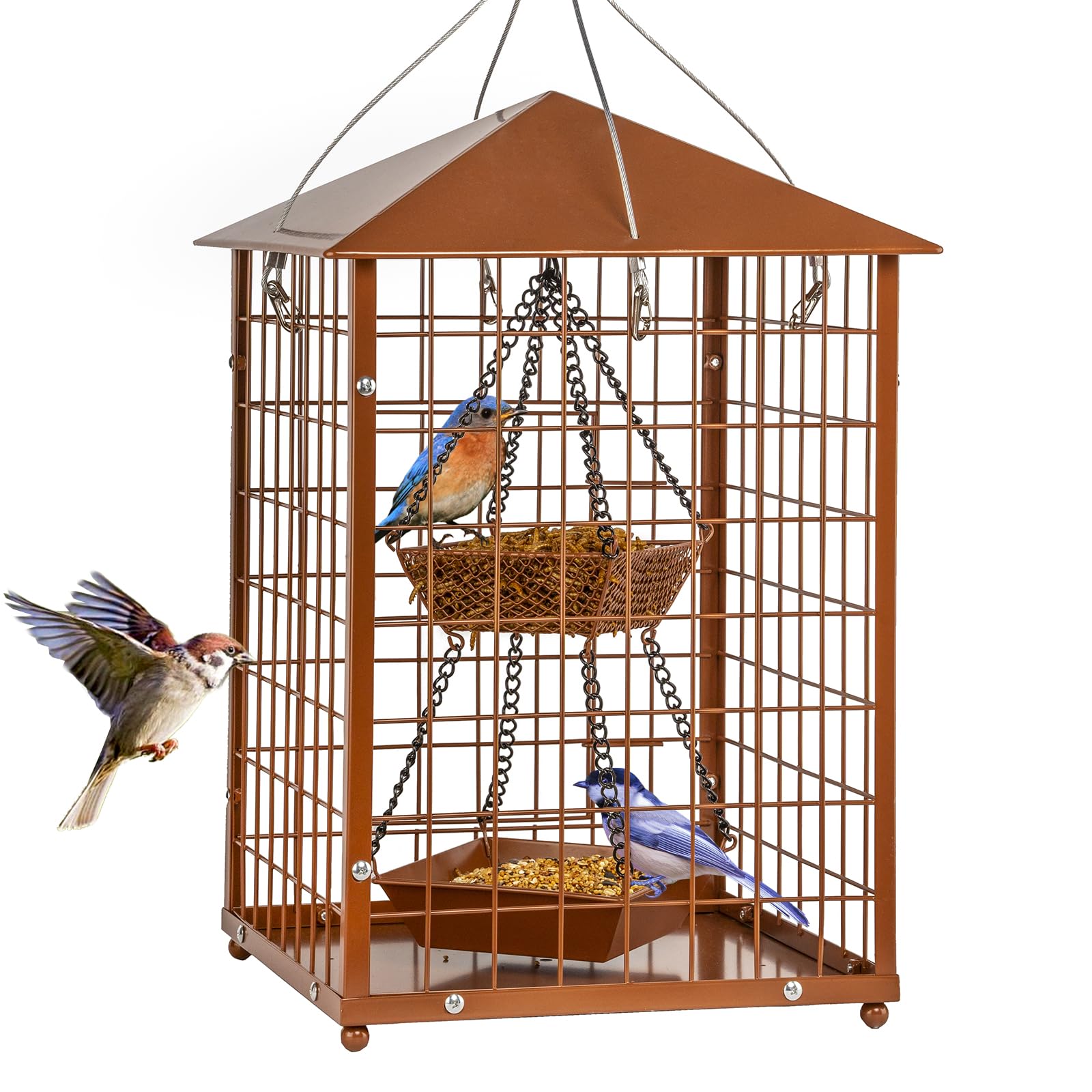 Mosloly Mealworms Bird Feeder, brown metal, front view