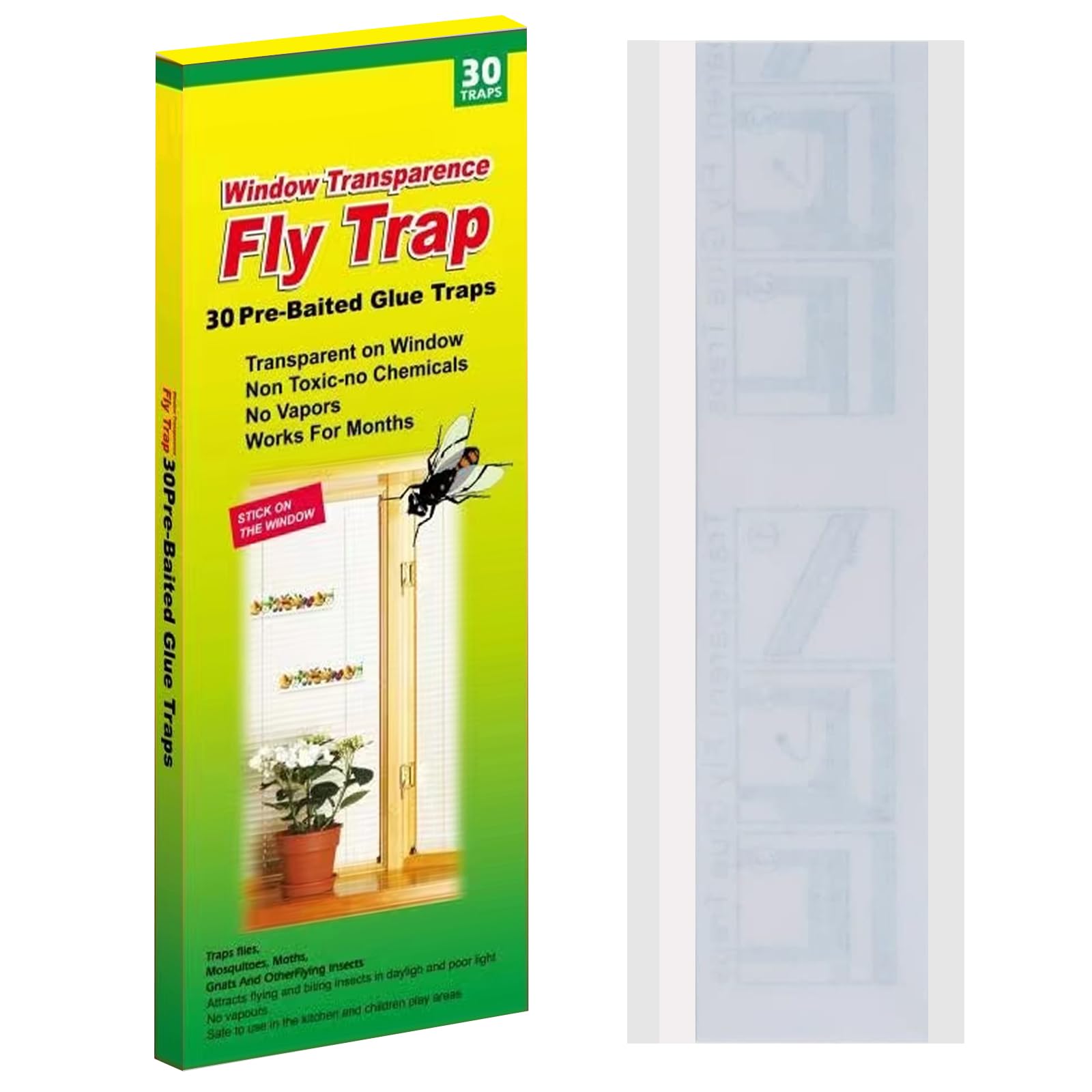 Mosqueda Window Fly Traps packaging featuring 30 pack of yellow sticky traps