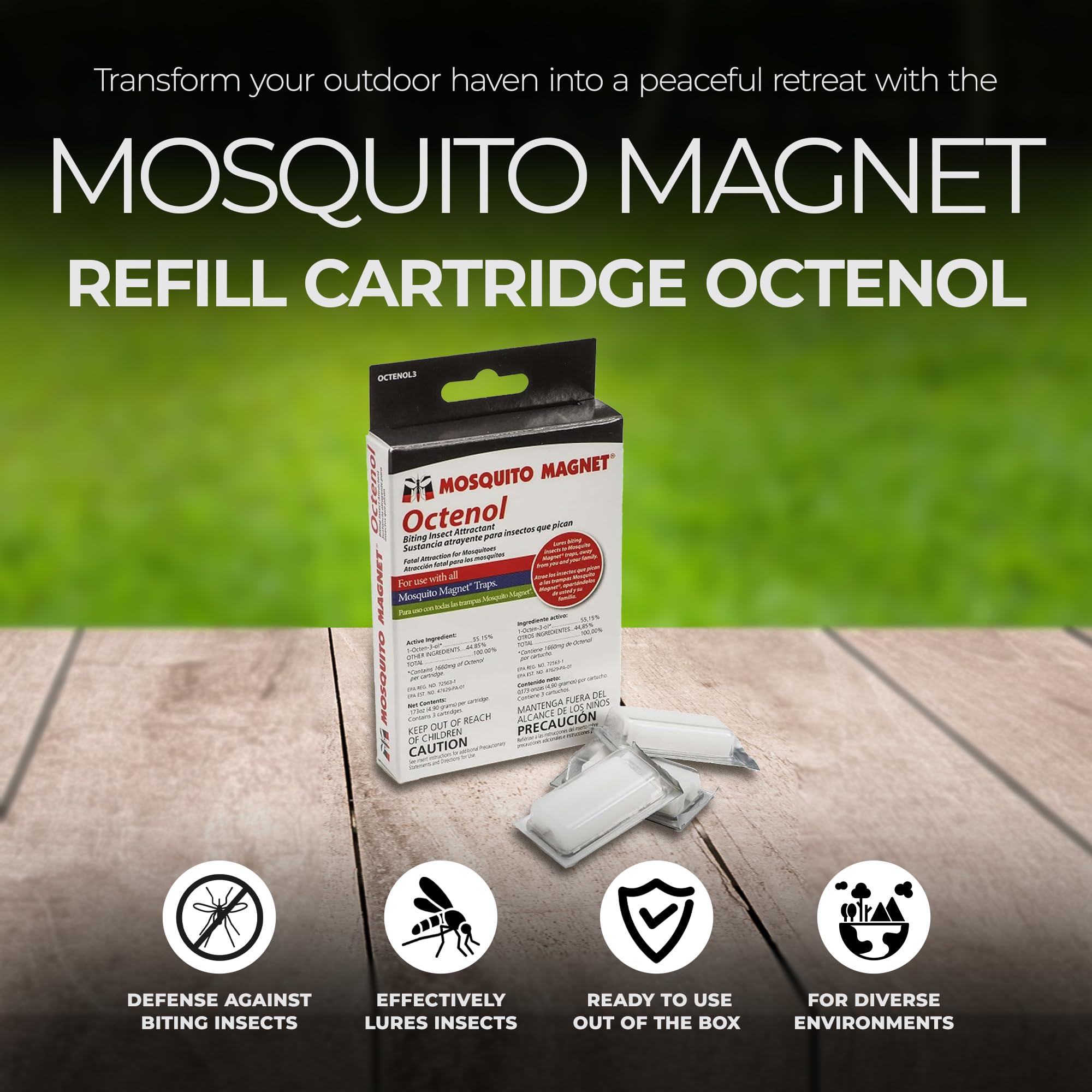 Mosquito Magnet Octenol attractant pods displayed on a table