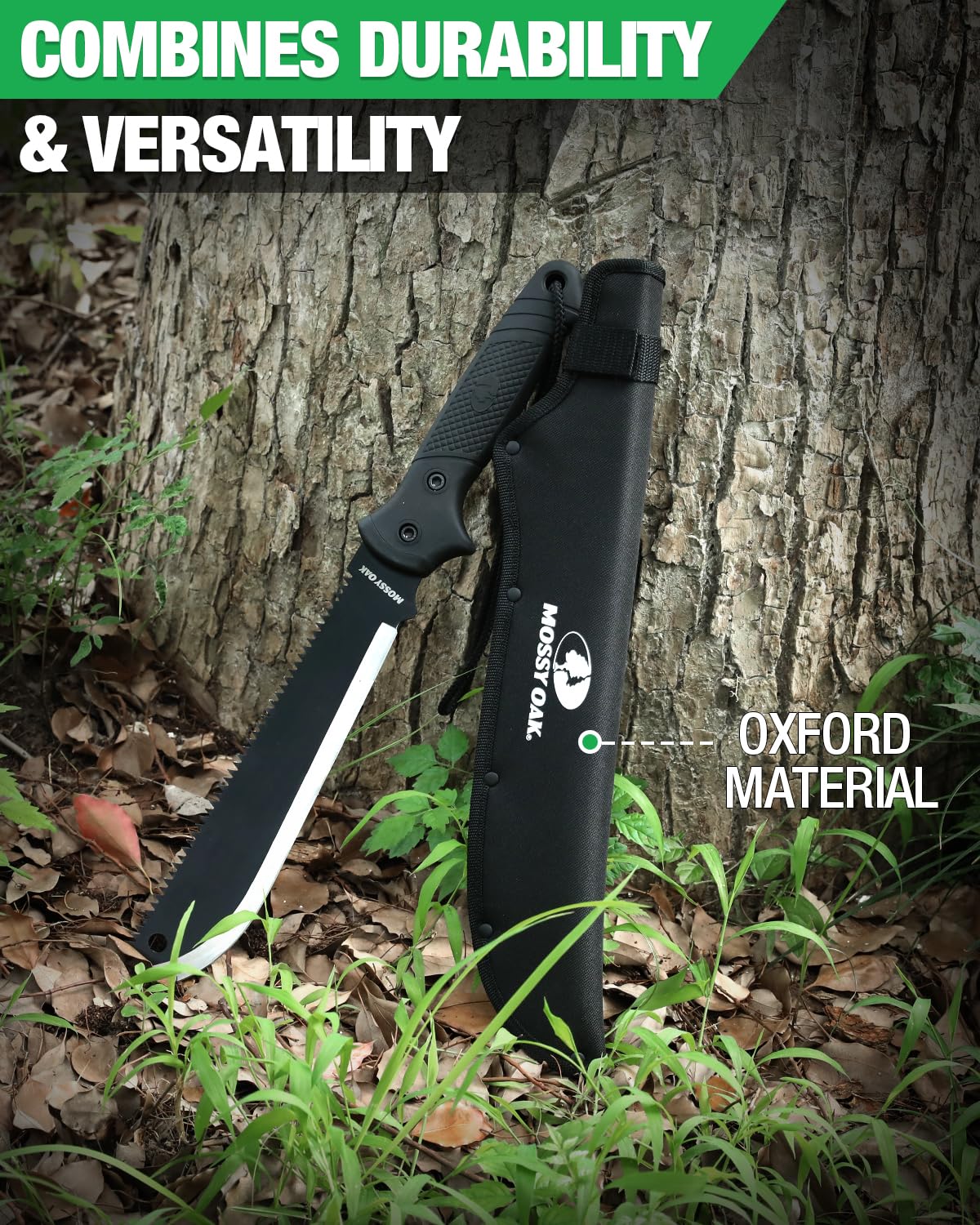 Mossy Oak machete displayed alongside camping gear
