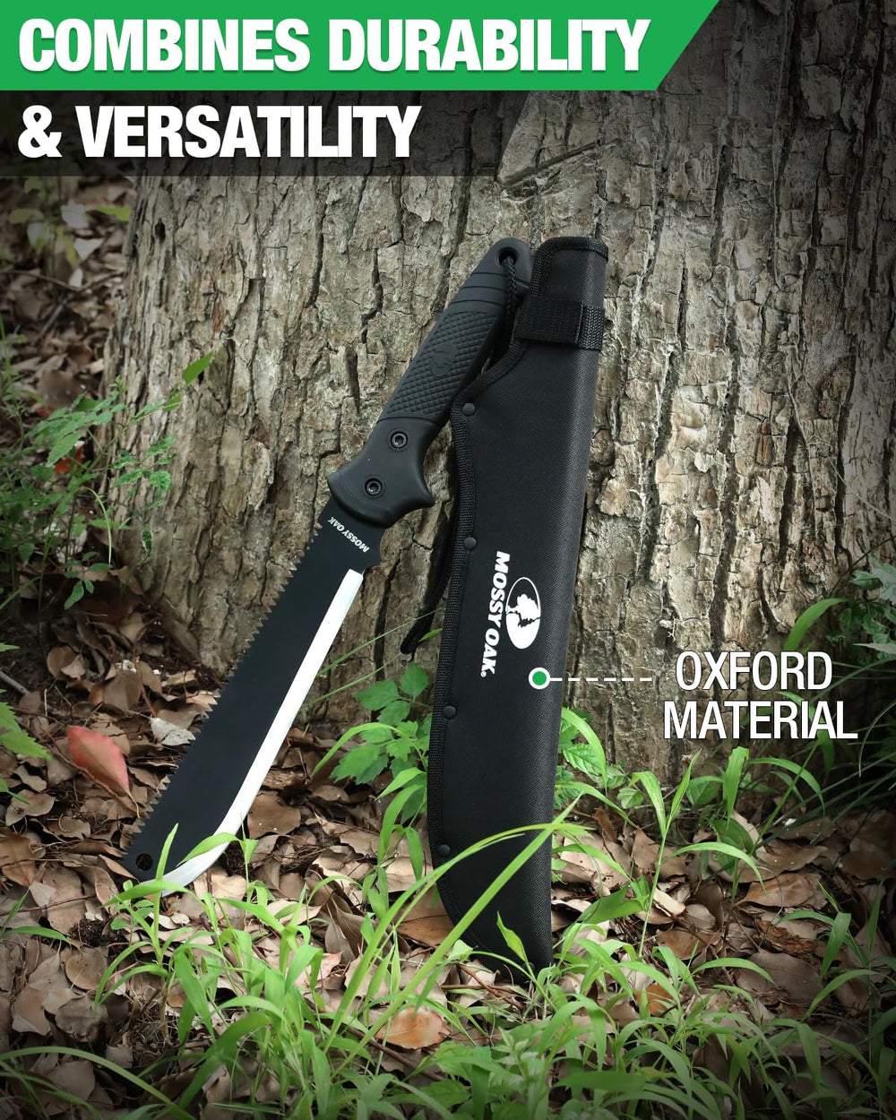 Mossy Oak machete displayed alongside camping gear