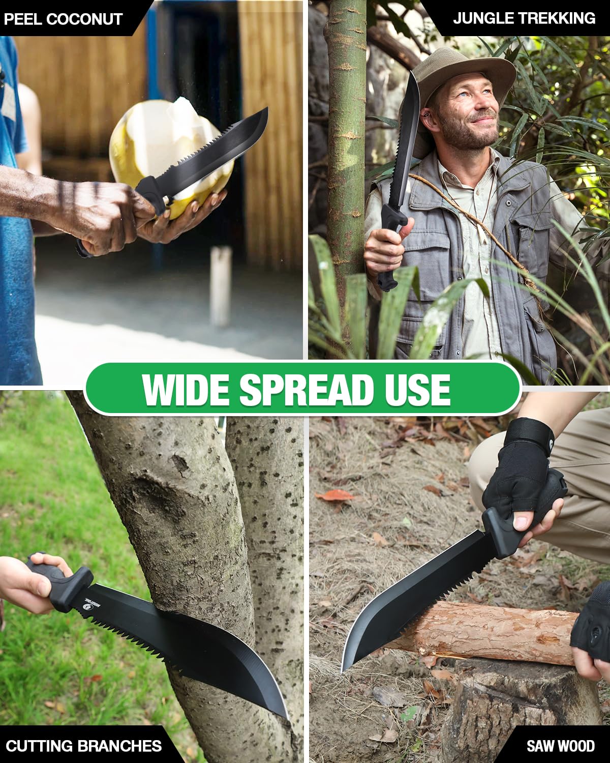 Mossy Oak machete displayed with striking head at handle base