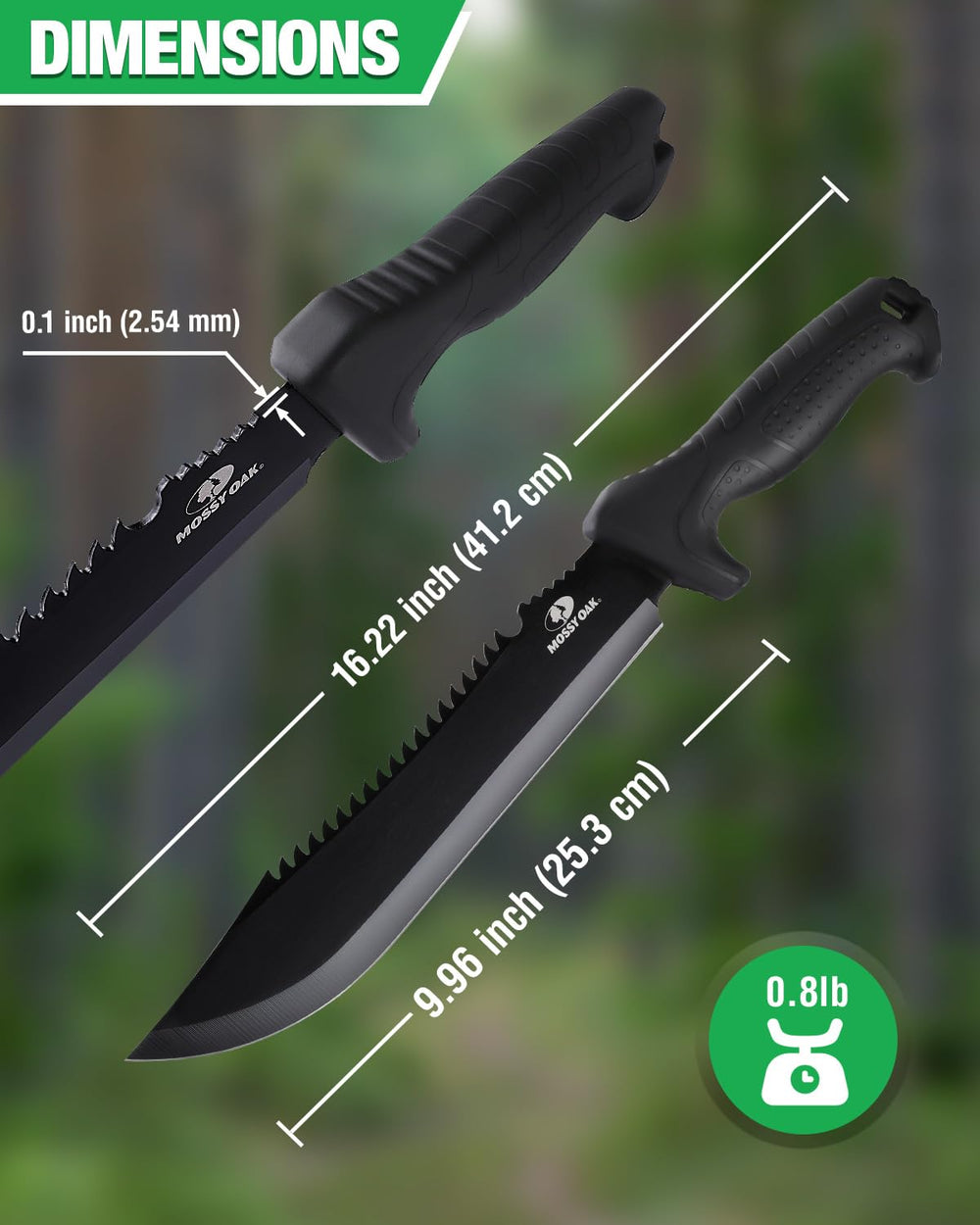 Mossy Oak machete with sawback design and black TPR handle