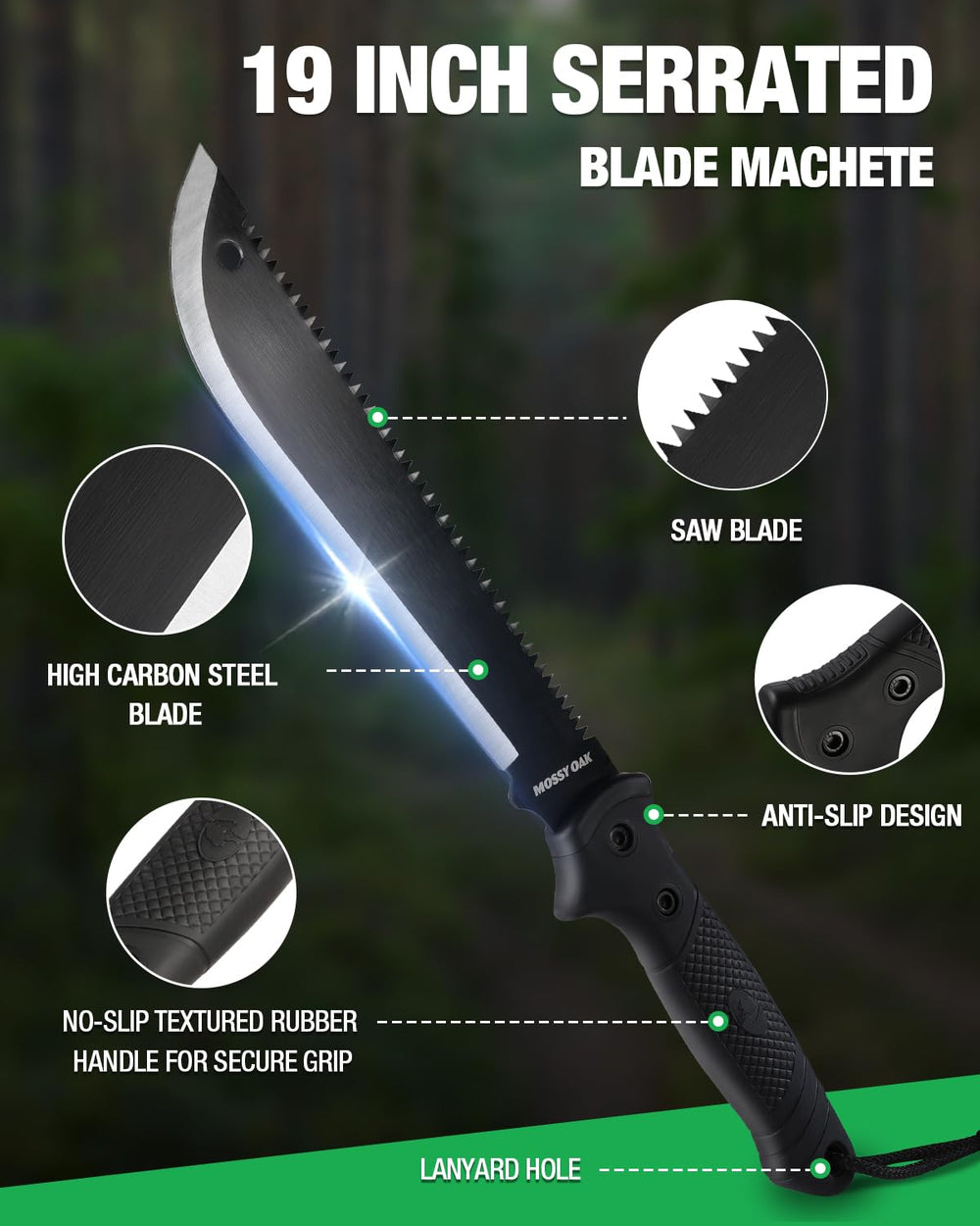 Mossy Oak machete with sheath displayed on a wooden surface