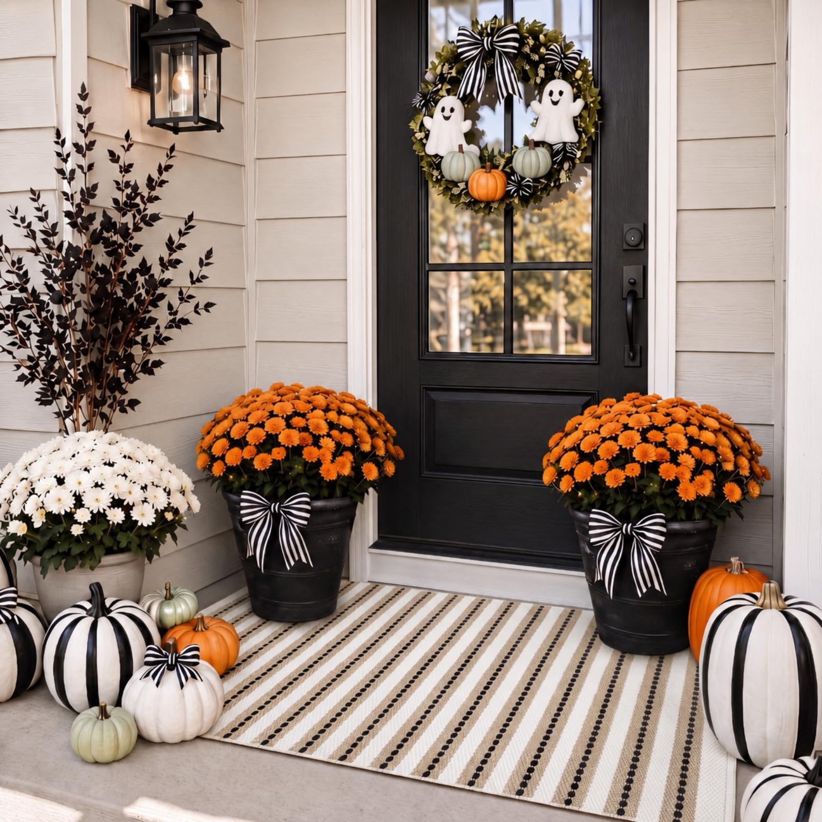 Moucuny 2' X 3' outdoor rug with khaki, black, and white stripes