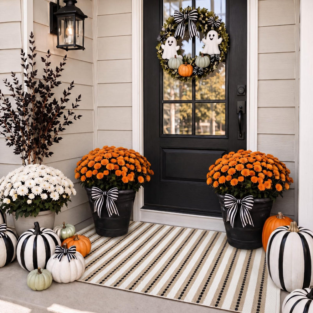 Moucuny 2' X 3' outdoor rug with khaki, black, and white stripes