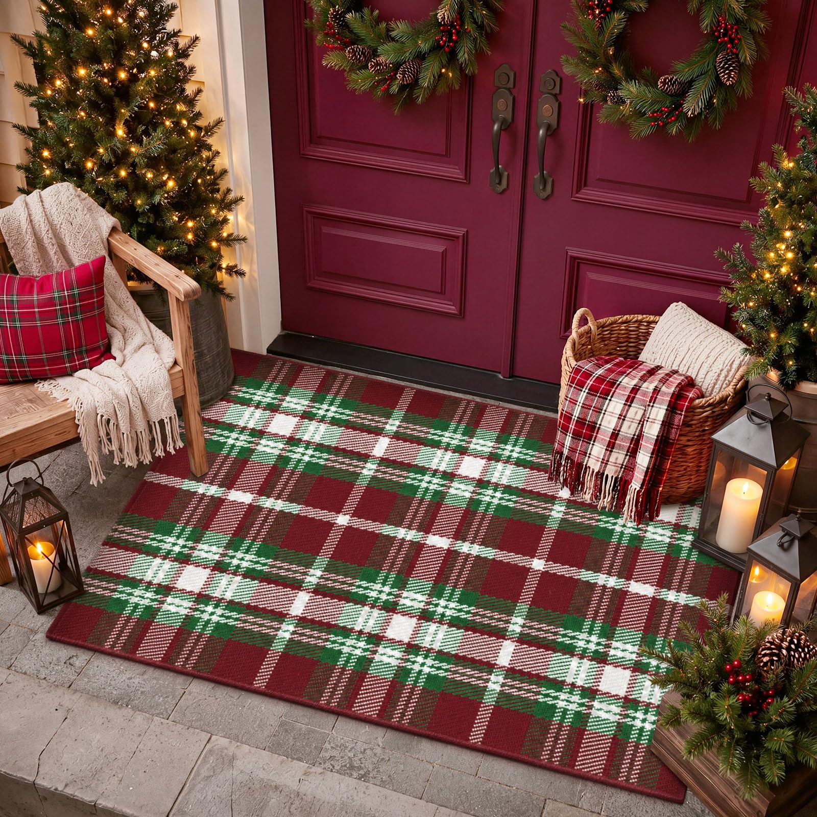 Moucuny Christmas doormat in a festive outdoor setting