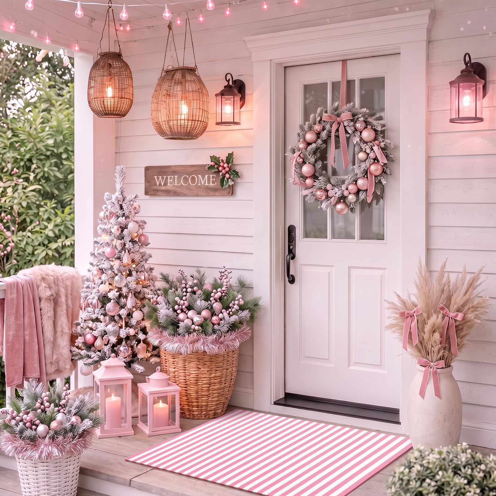 Moucuny Christmas Outdoor Rug in a festive entryway setting