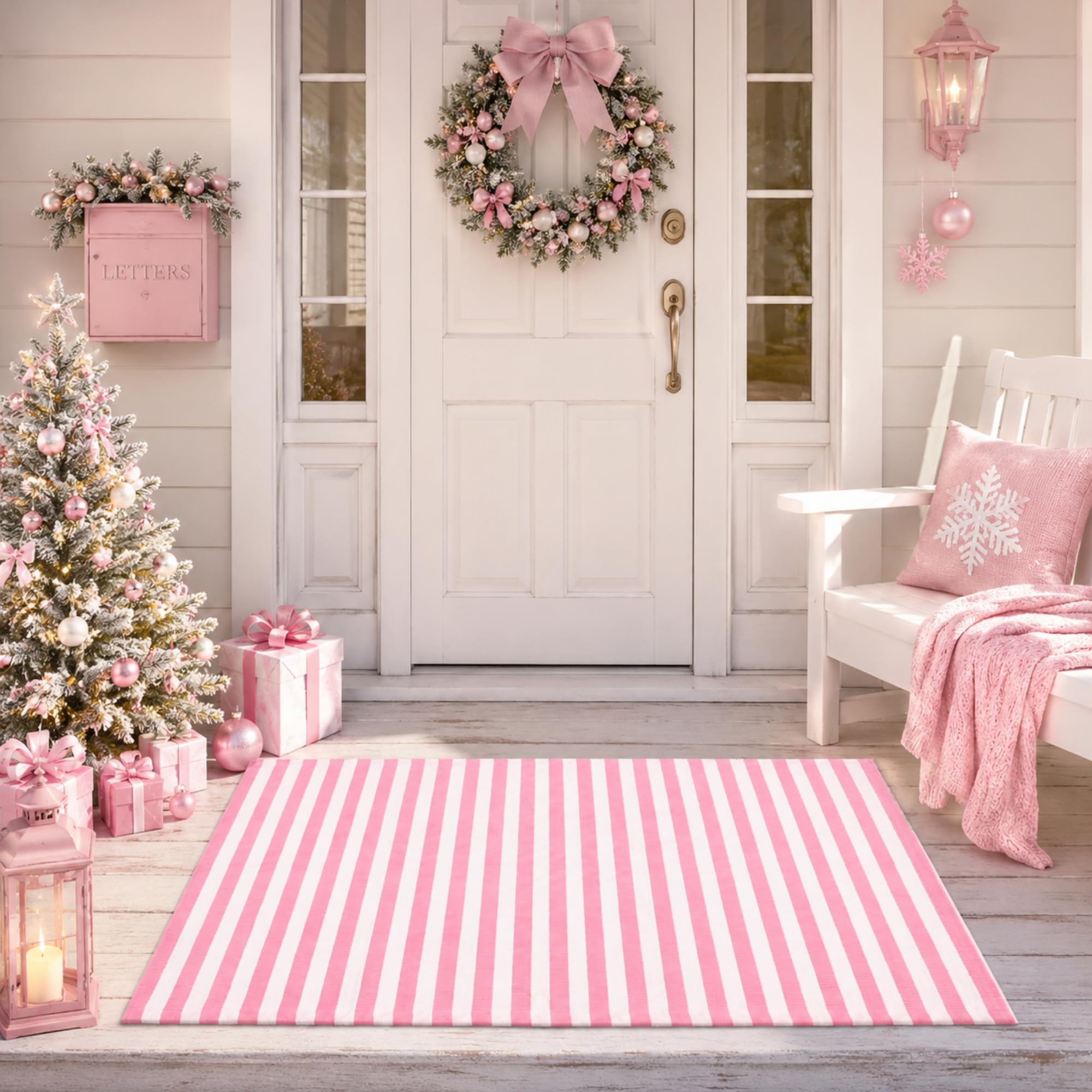 Moucuny Christmas Outdoor Rug in pink and white stripes, front view
