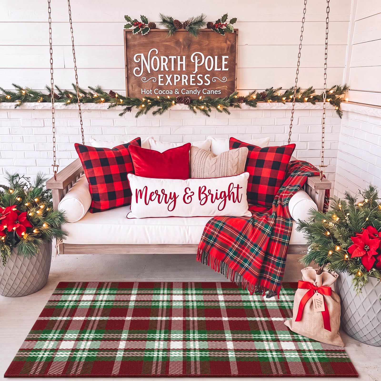 Moucuny Christmas Plaid Rug at an entryway
