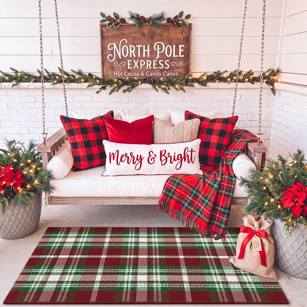 Moucuny Christmas Plaid Rug at an entryway