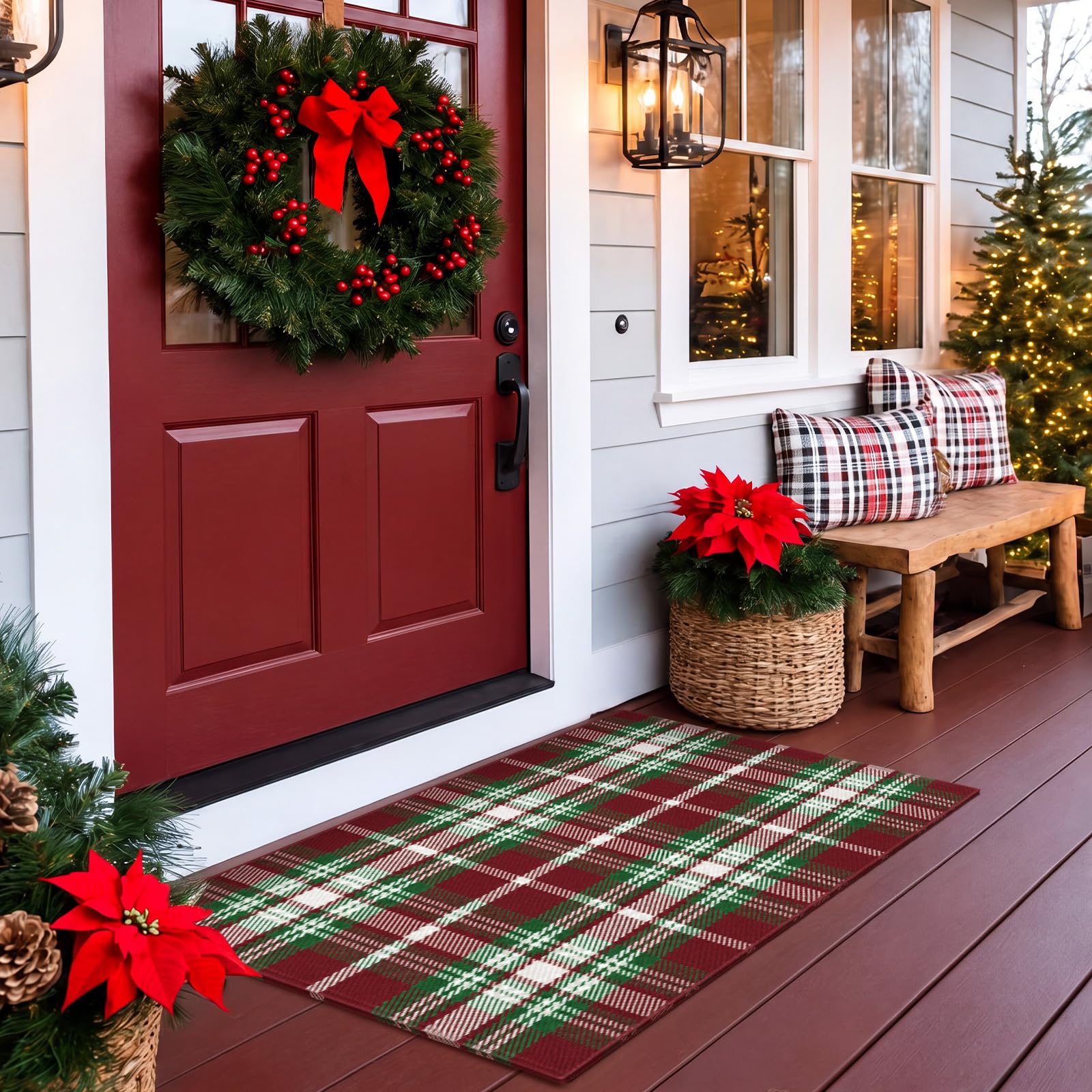 Moucuny Christmas Plaid Rug displayed in a cozy living room setting