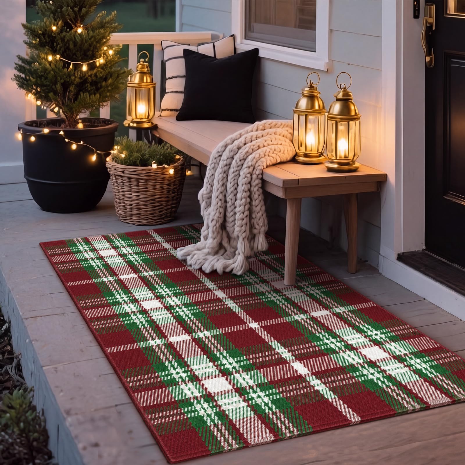 Moucuny Christmas Plaid Rug under a small Christmas tree