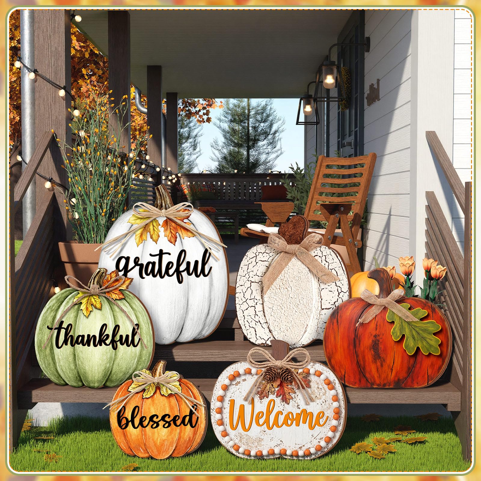Moucuny fall pumpkin signs displayed in a cozy outdoor setting