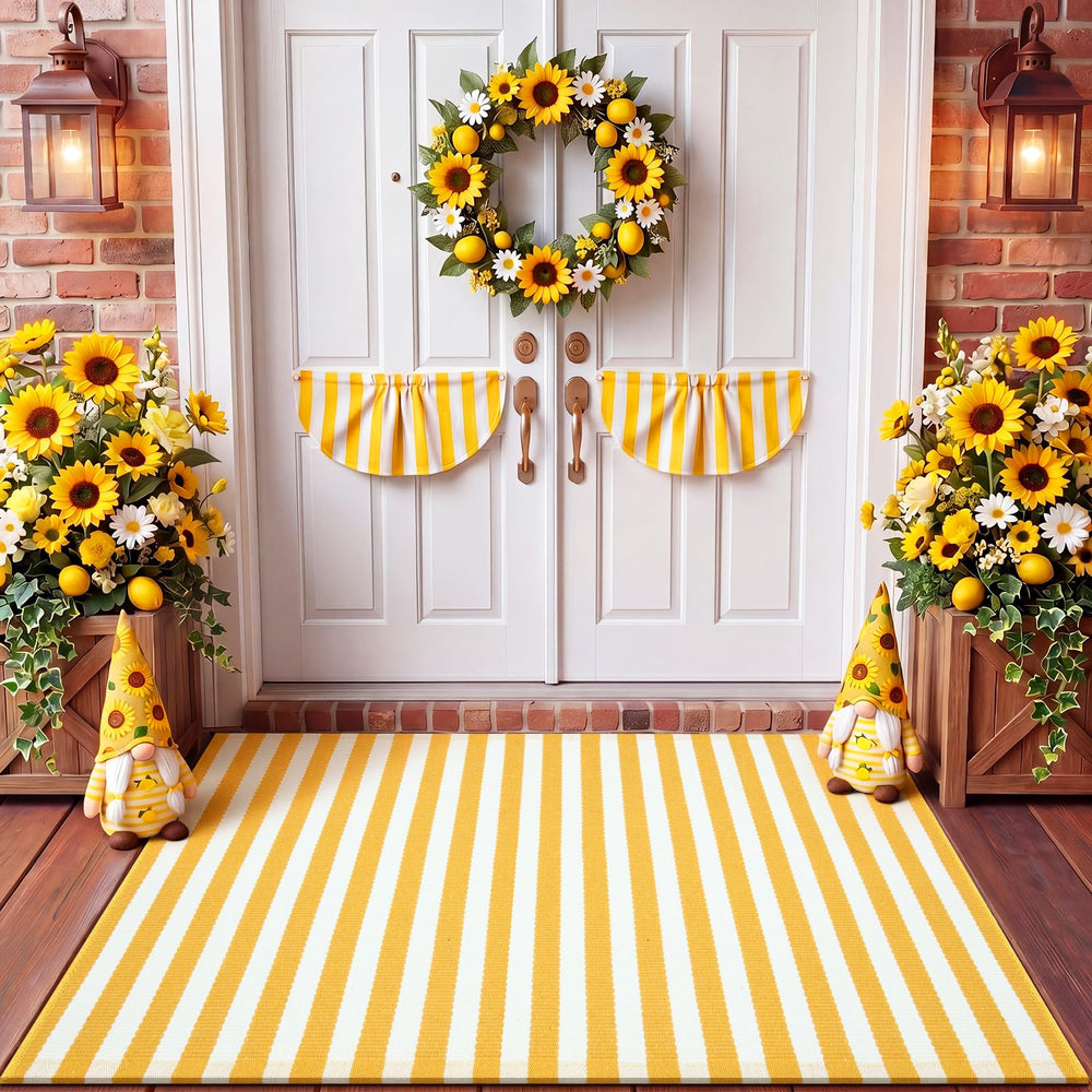 Moucuny outdoor rug 3' x 5' yellow and white striped front view