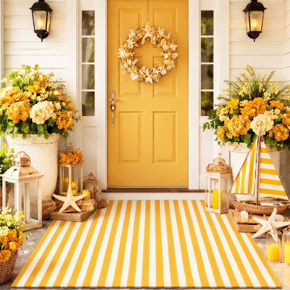 Moucuny outdoor rug front view with yellow and white stripes