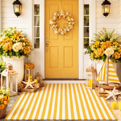 Moucuny outdoor rug front view with yellow and white stripes