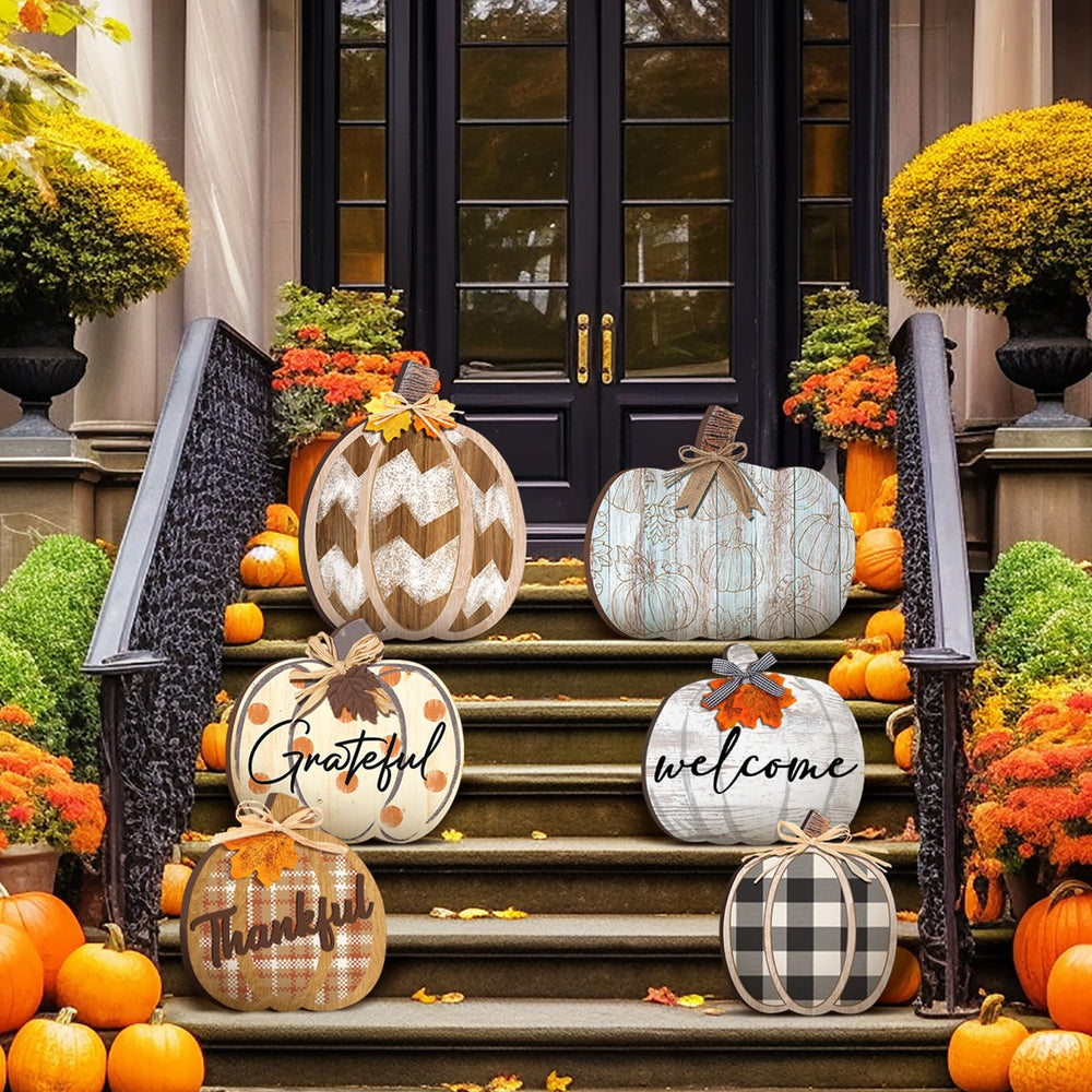 Moucuny pumpkin signs arranged on a porch for fall decoration