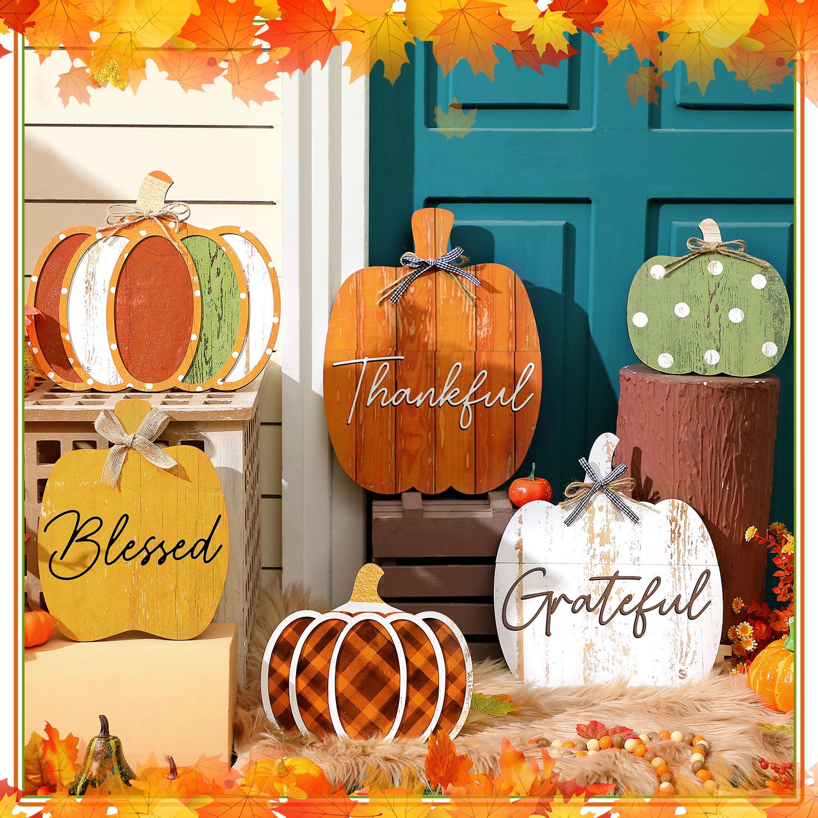 Moucuny pumpkin signs displayed on a porch