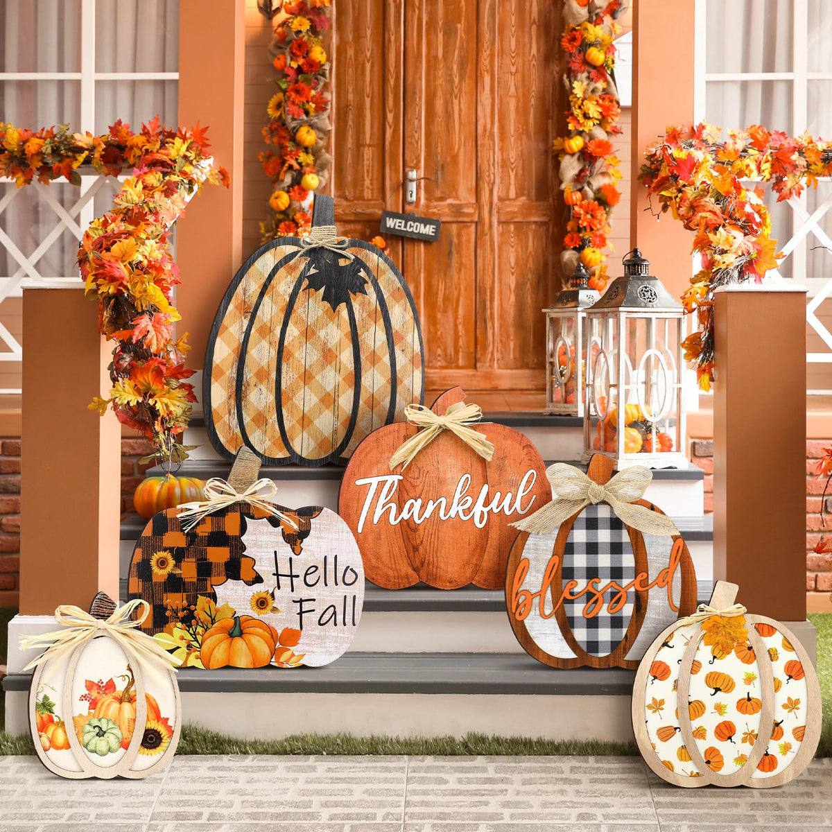 Moucuny set of 6 pumpkin porch signs in colorful designs