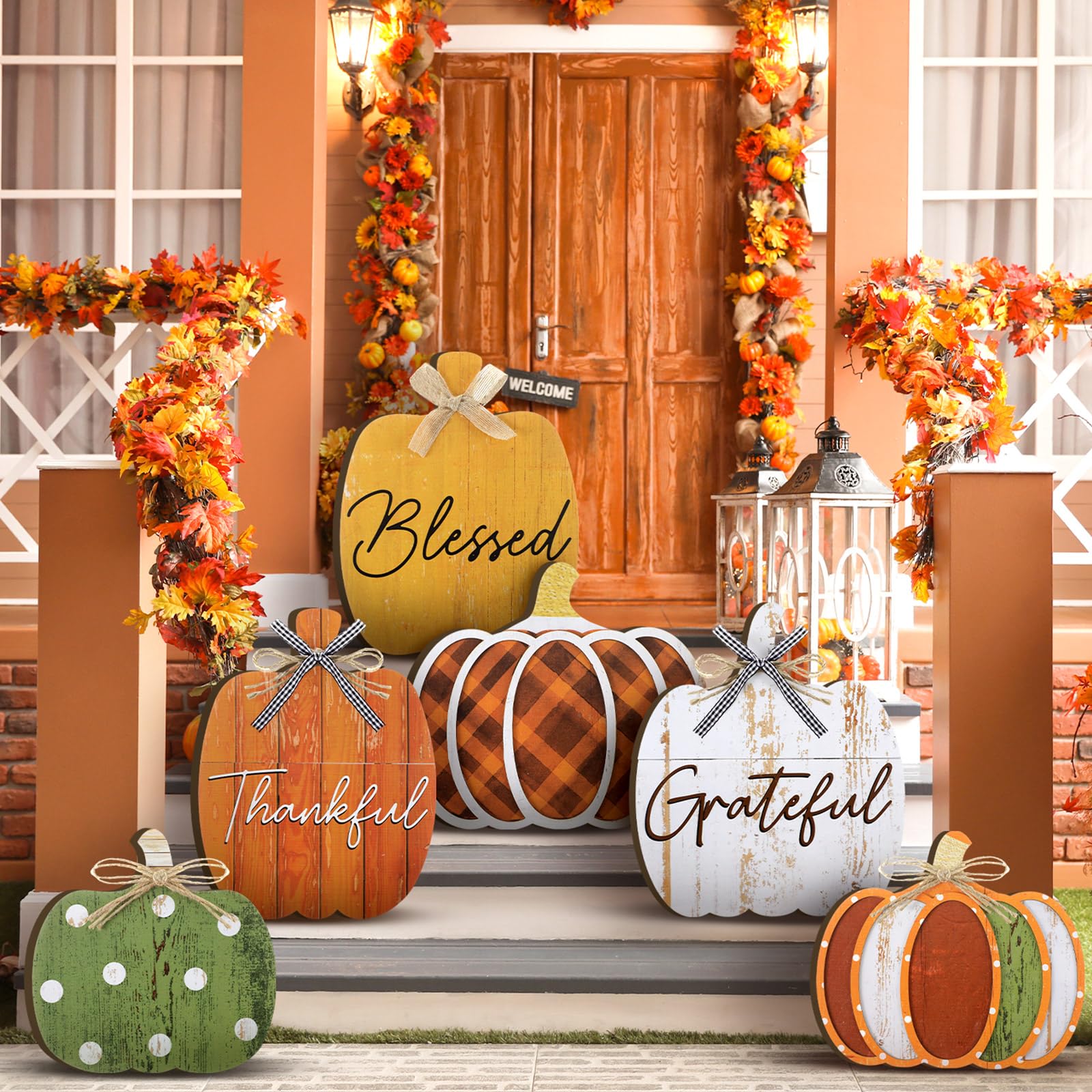 Moucuny wooden pumpkin porch sign front view