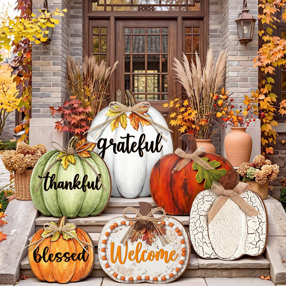 Moucuny wooden pumpkin porch sign front view with autumn colours