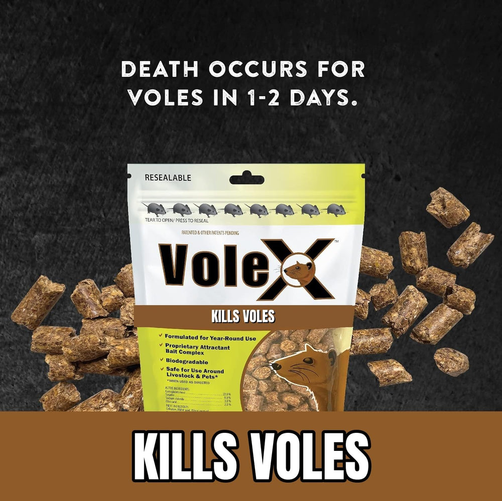 MouseX VoleX Pellets next to a shovel in lawn
