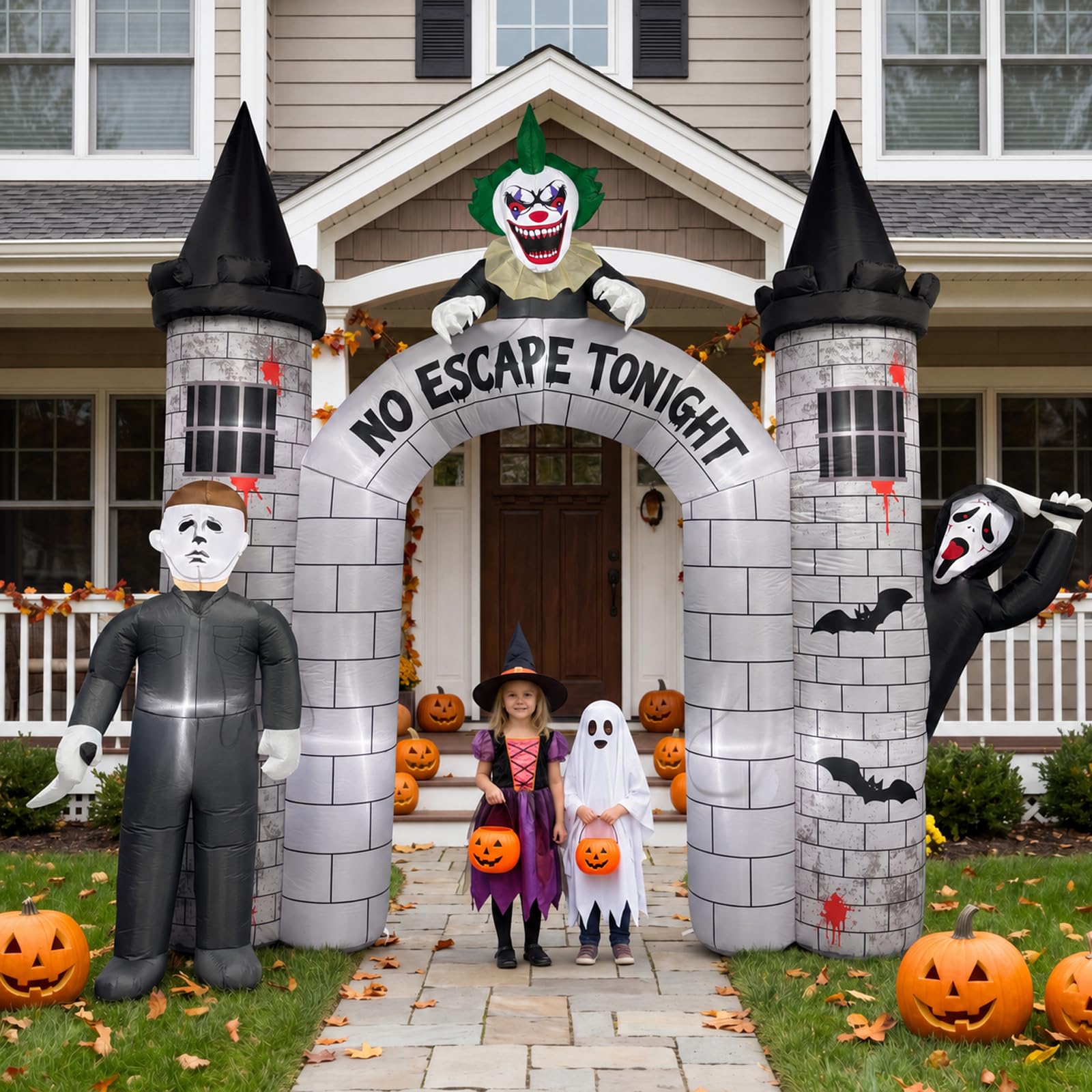 Mowholm 10FT Halloween Inflatable Archway showing the 'NO ESCAPE TONIGHT' message