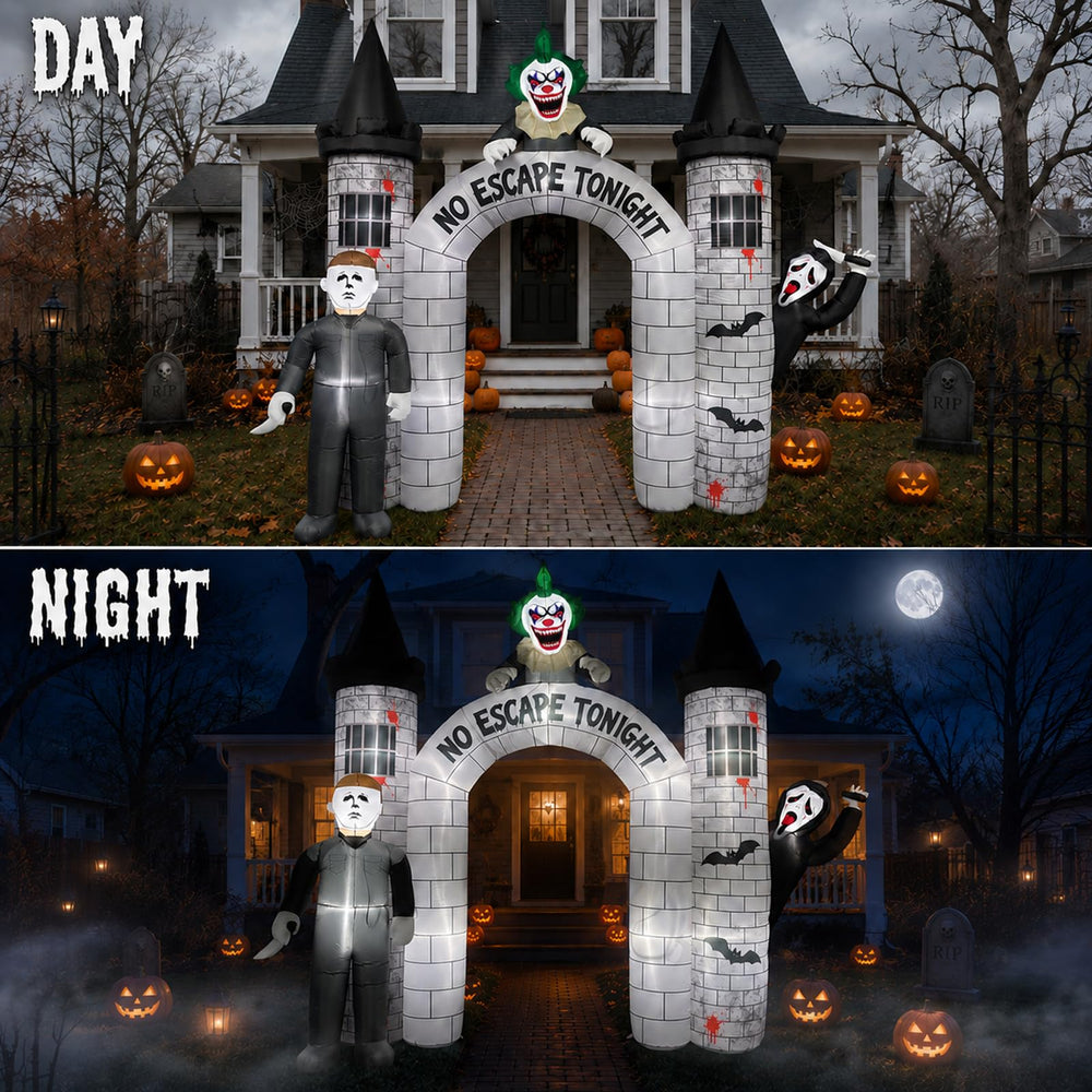 Mowholm 10FT Halloween Inflatable Archway side view at night