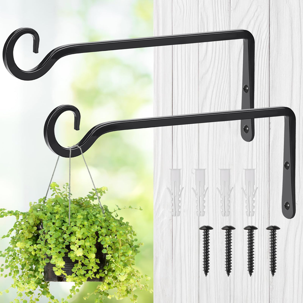 MOWPOG 10 Inch Plant Hanger black metal hook front view