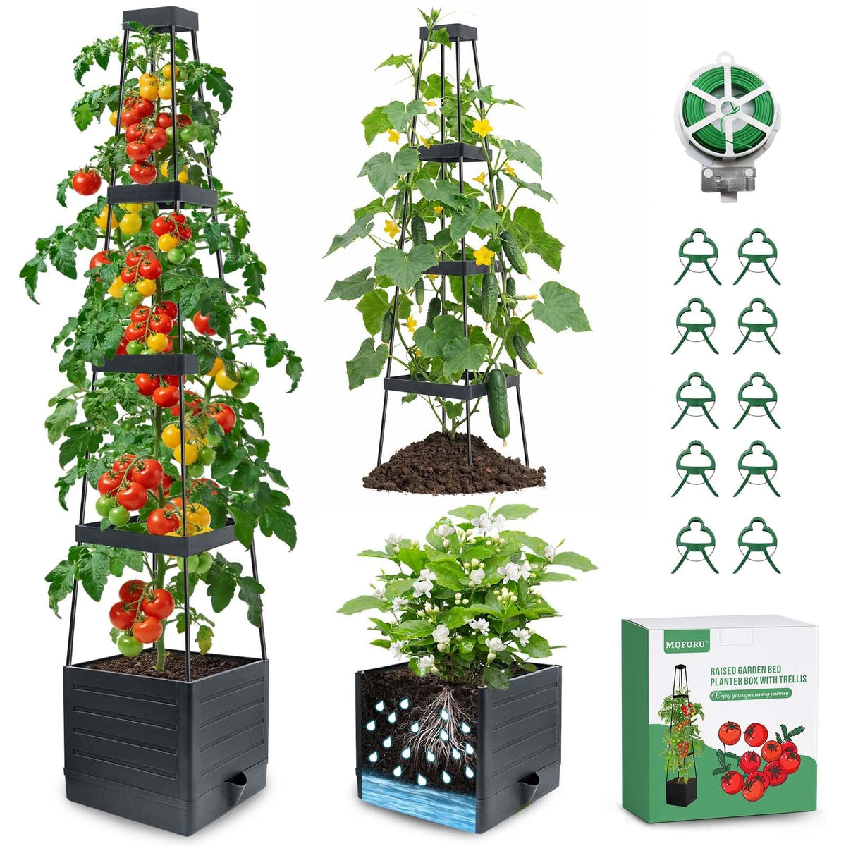 MQFORU 2Pack raised garden bed planter boxes with trellis front view