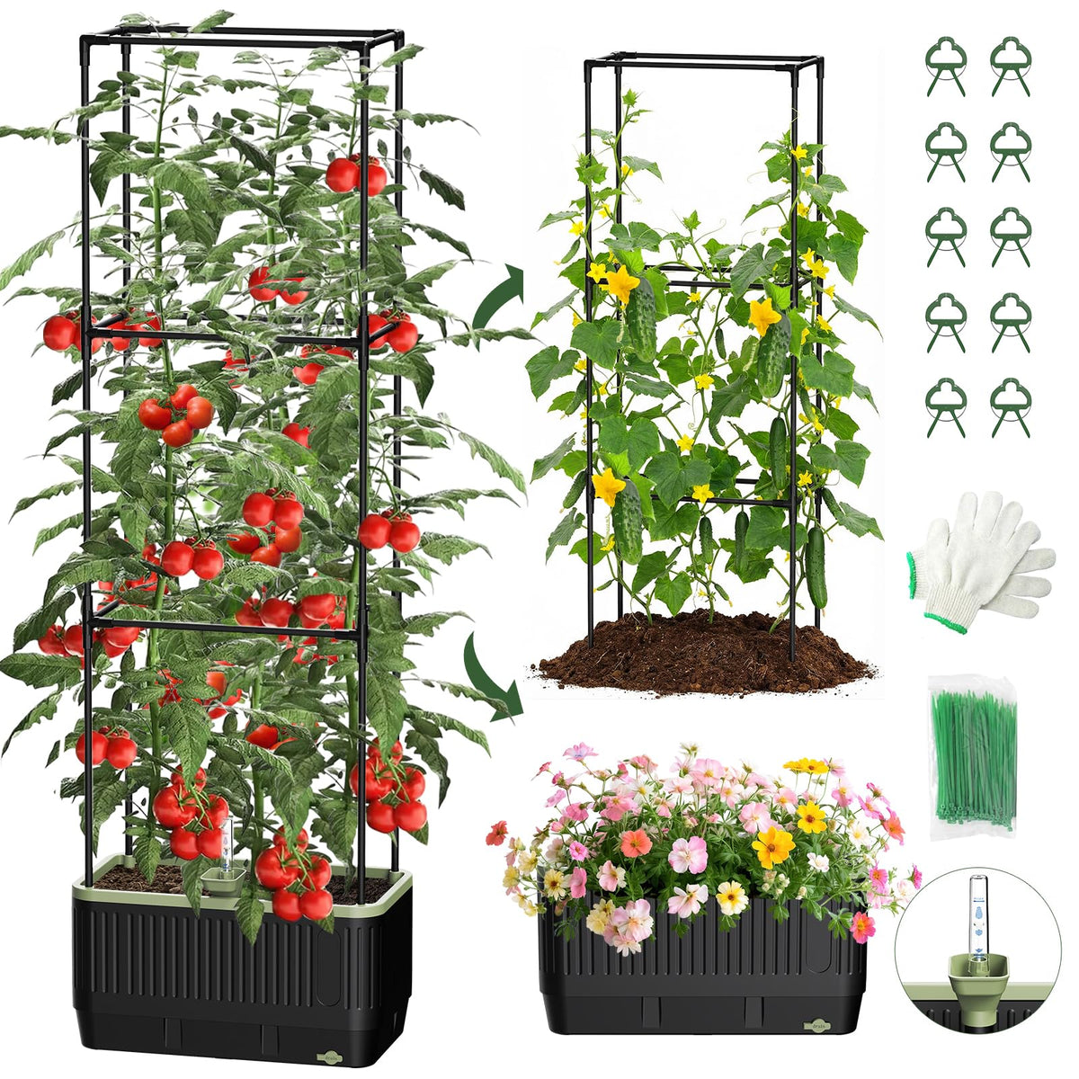 MQJIAZHI Self Watering Tomato Planter with Trellis, black side view