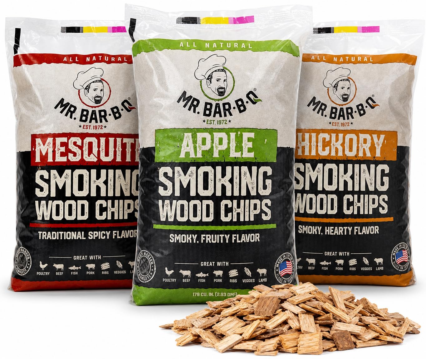 Mr. Bar-B-Q smoker chips variety pack with Apple, Mesquite, and Hickory flavors