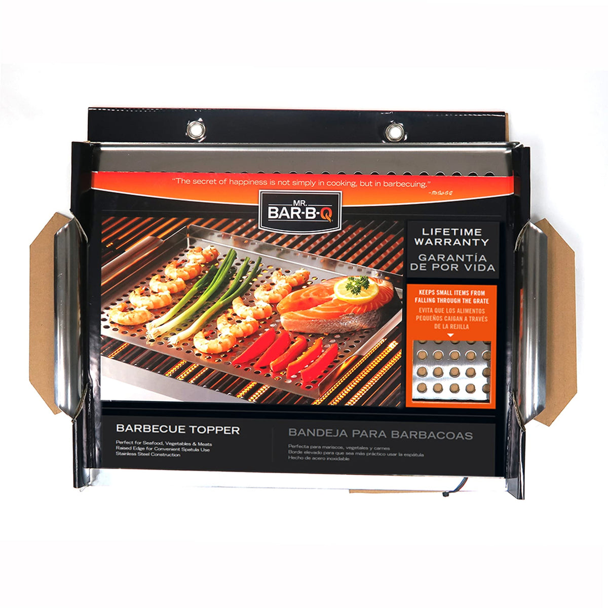 Mr. Bar-B-Q stainless steel BBQ grill topper pan front view