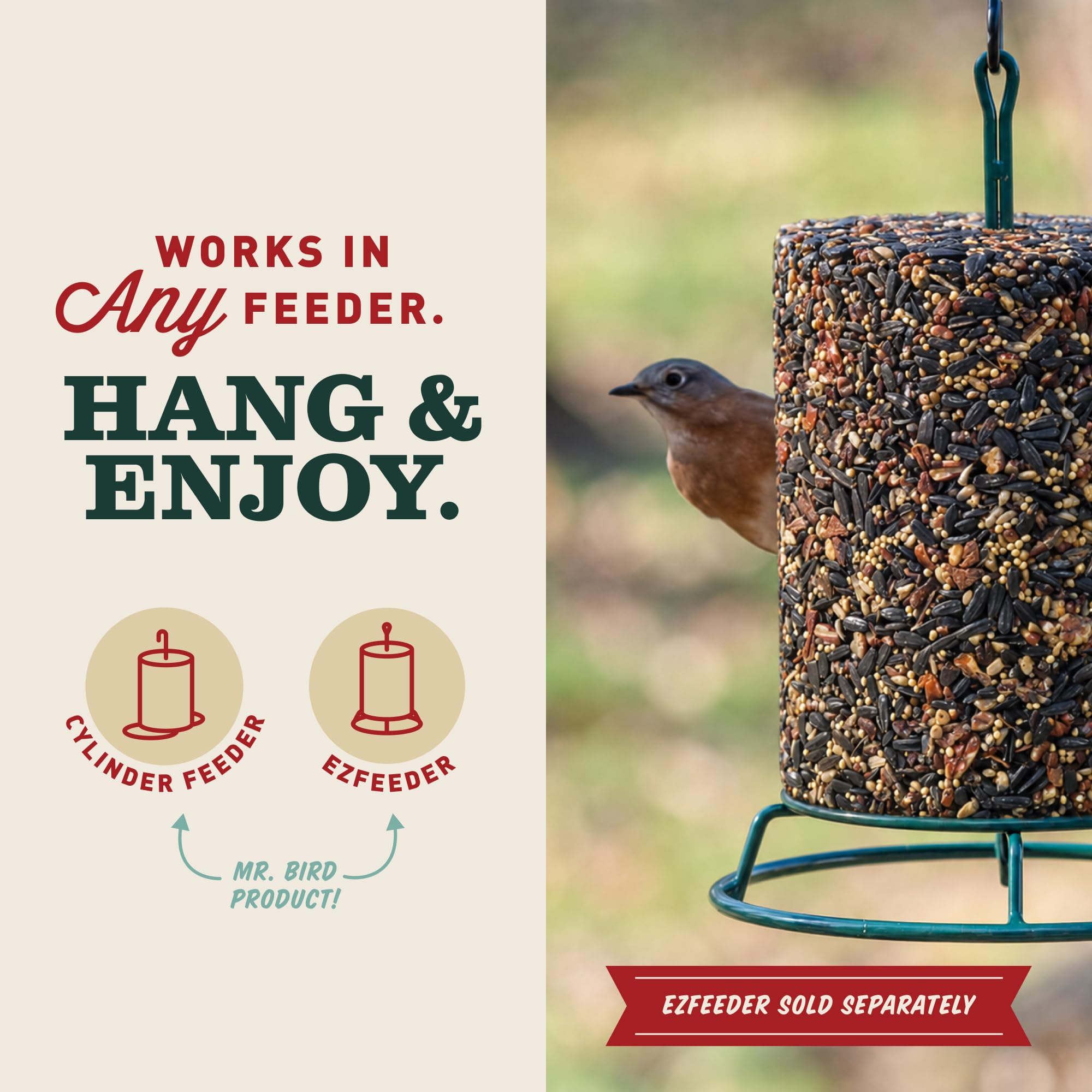 Mr. Bird WildBird Feast Cylinder next to an EZFeeder setup