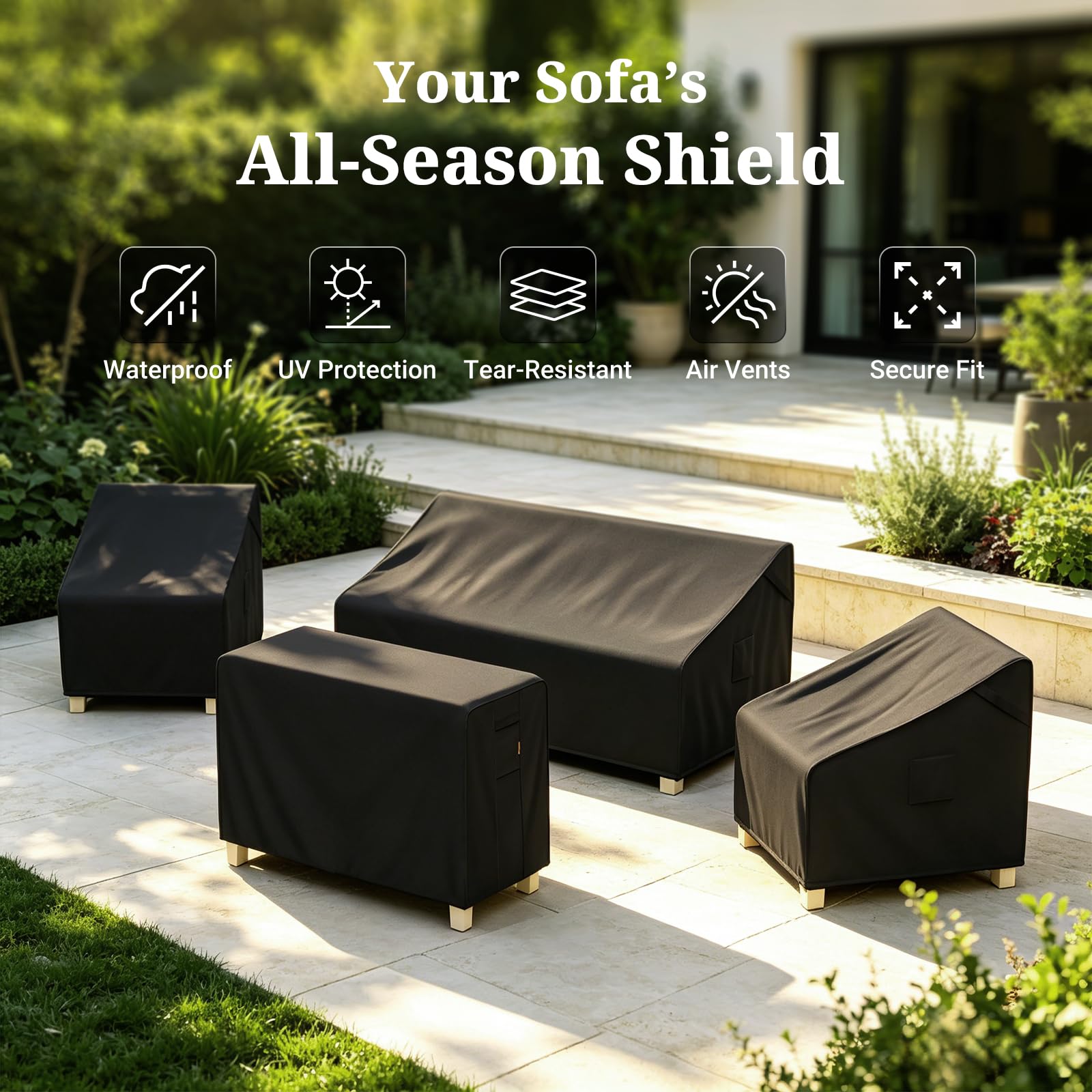 MR. COVER outdoor couch cover showing waterproof features