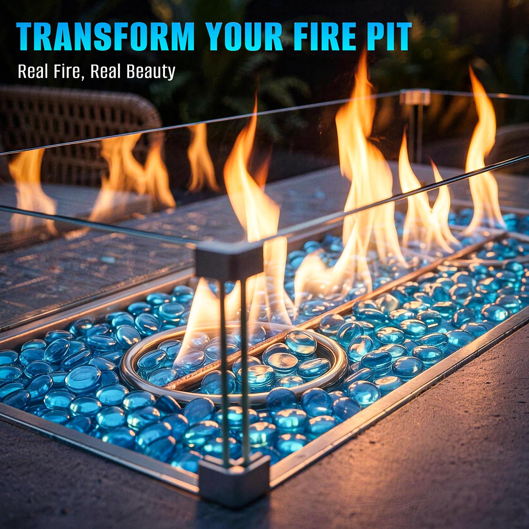 Mr. Fireglass Caribbean Blue Fire Glass Beads scattered on a table