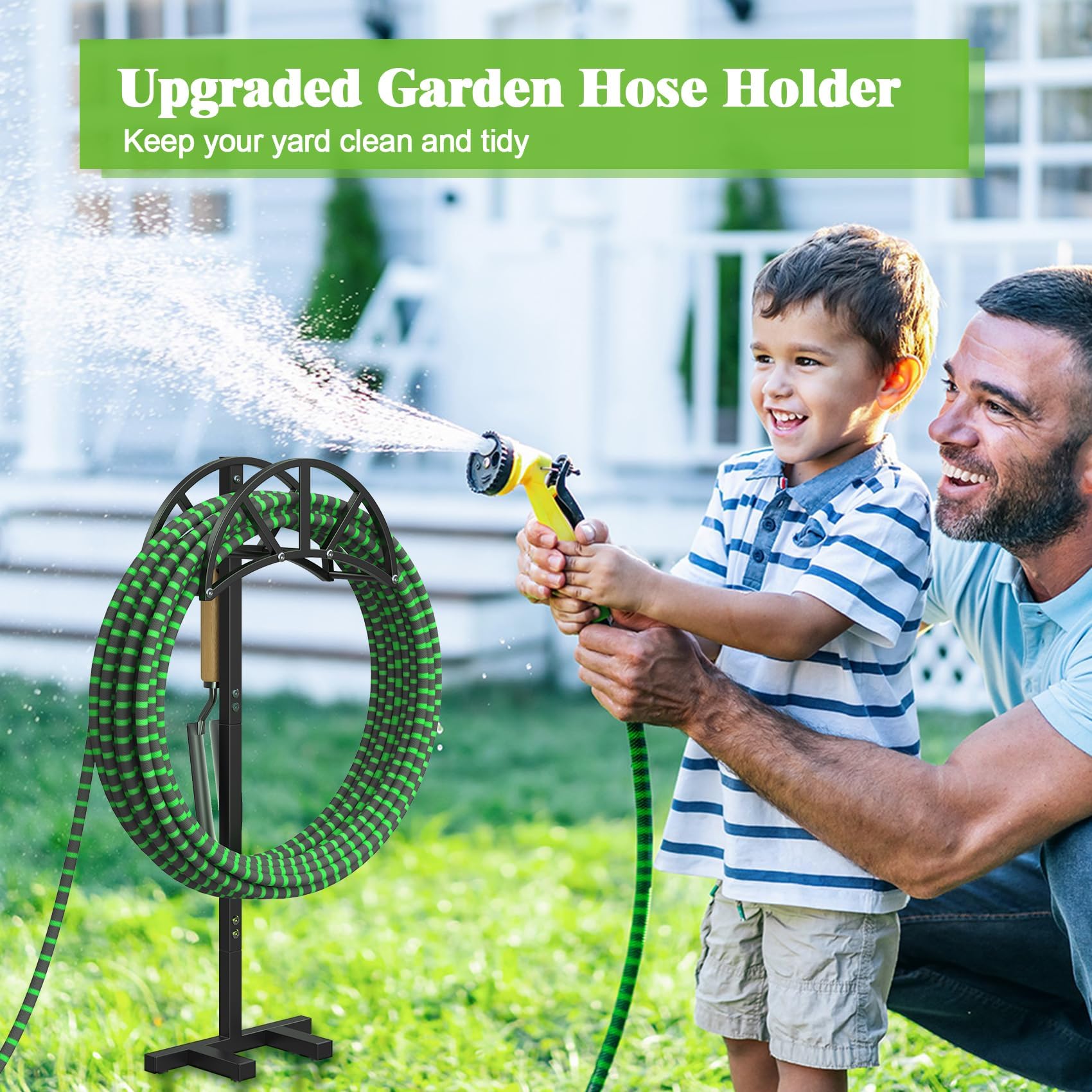 Mr IRONSTONE Garden Hose Holder with a hose coiled on it
