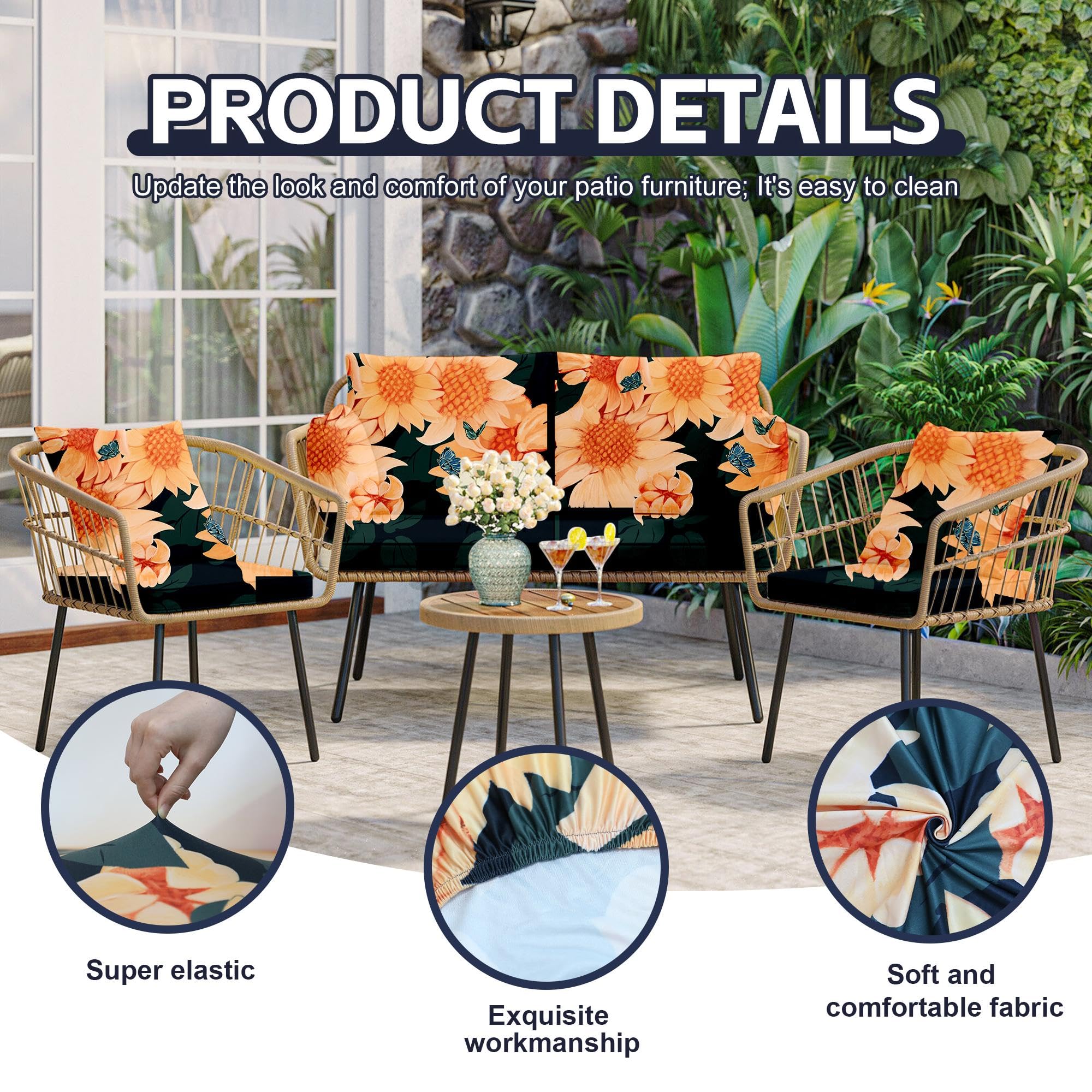 MRGSDL 8Pcs Outdoor Cushion Covers Sunflower detailed fabric texture