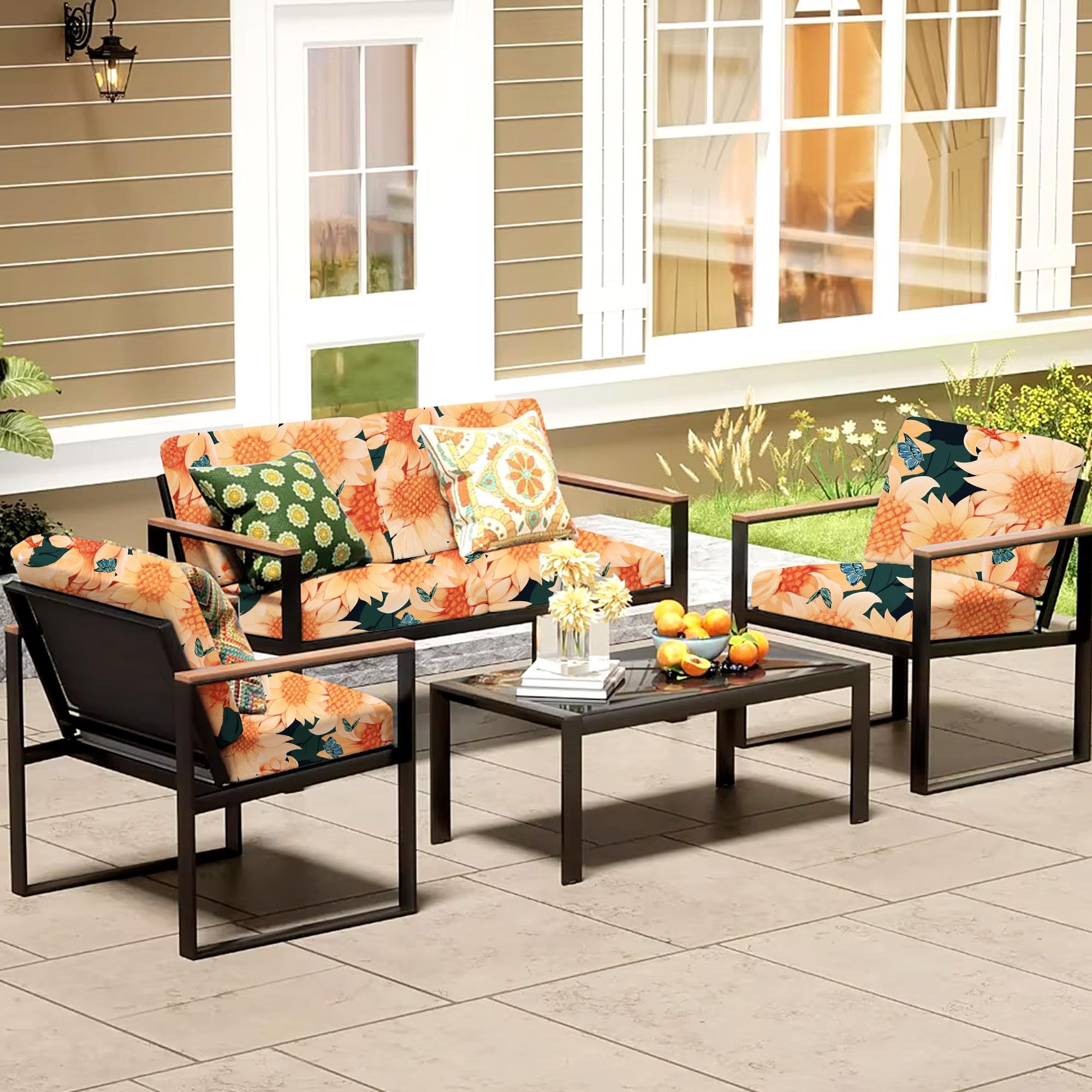 MRGSDL 8Pcs Outdoor Cushion Covers Sunflower with cushions