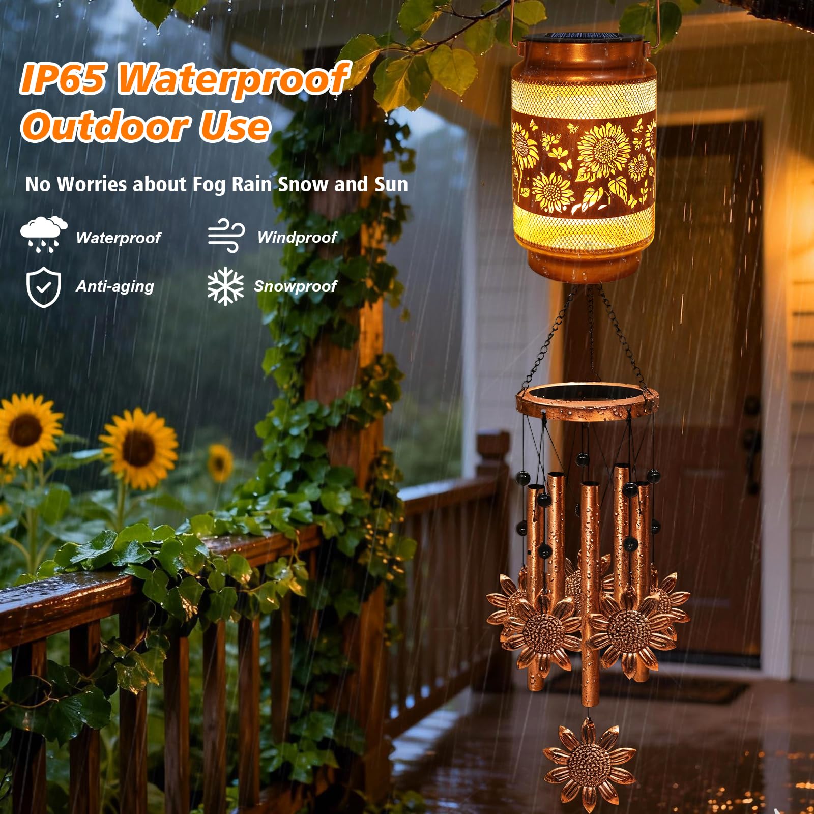 MRHEPHAESTUS wind chimes at night glowing from solar light