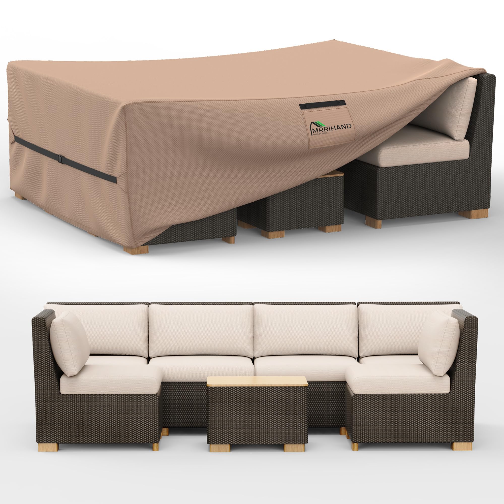 Mrrihand Outdoor Patio Furniture Cover front view with dimensions 90"L x 62"W x 28"H