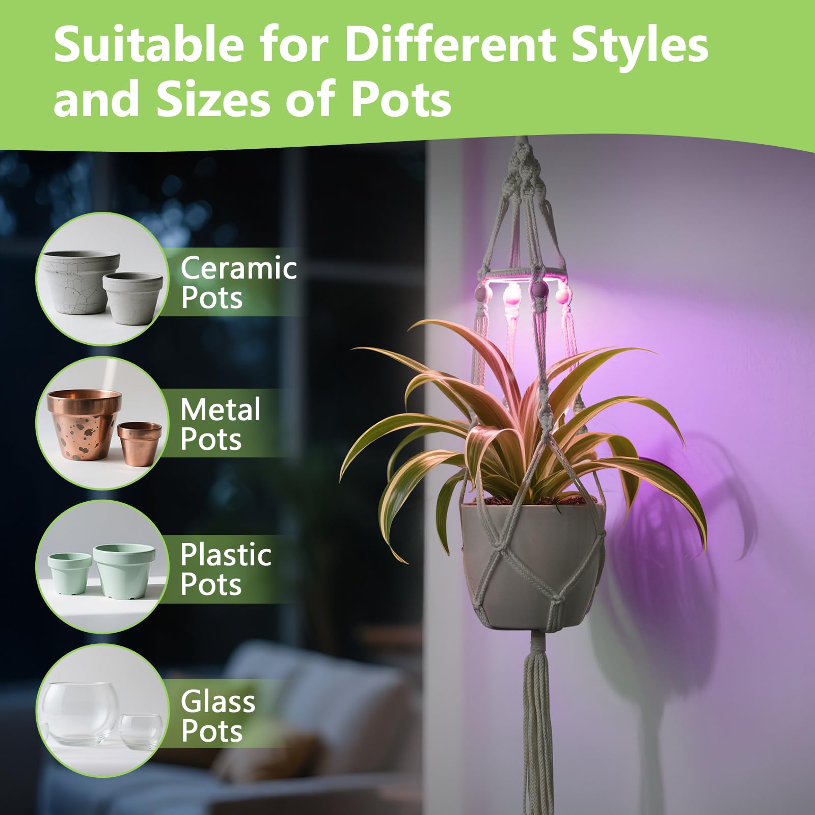 MSFON Macrame Plant Hanger with light on in a dark room