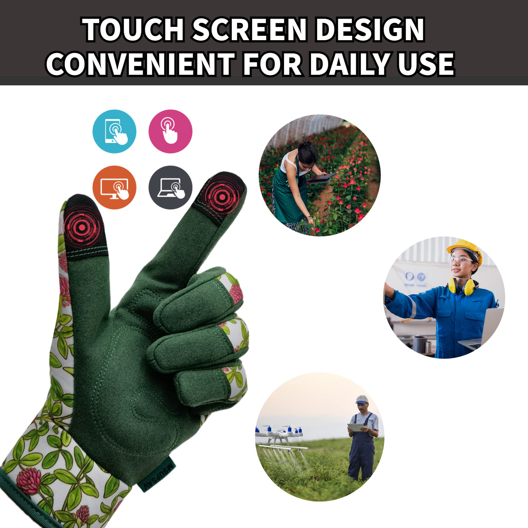 MSUPSAV Gardening Gloves demonstrating touchscreen capability